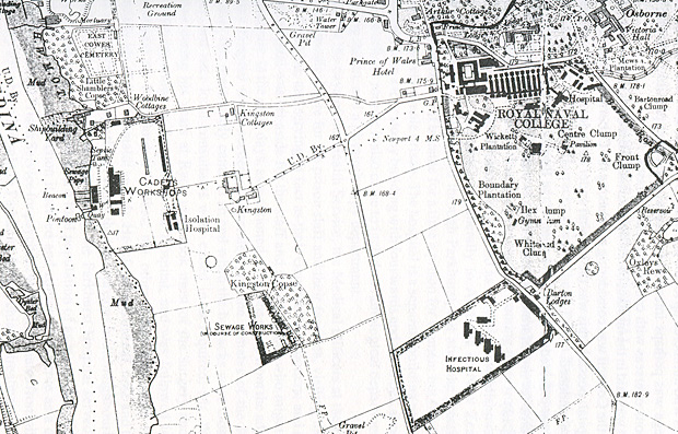 Map of the site of the two small hospitals serving the Royal Naval College at Osborne.