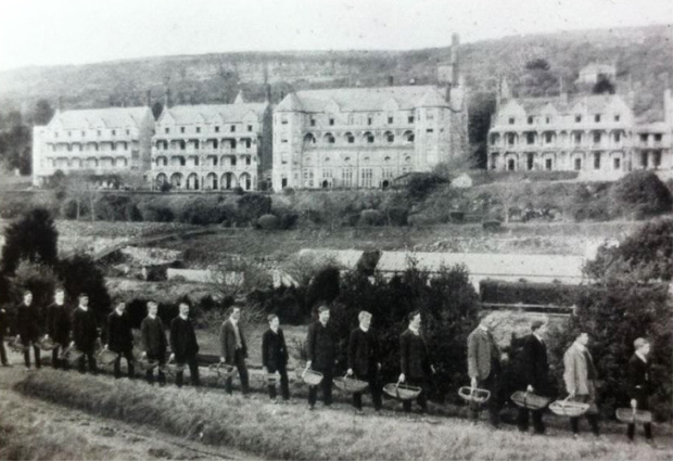 Picture of Male patients on light grade work carrying baskets of stones circa 1910